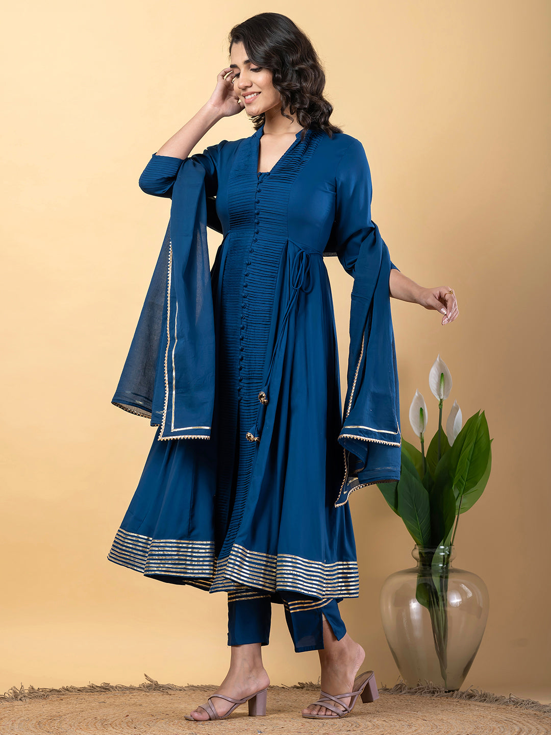 Blue Anarkali Premium Rayon Kurta Pant Set with Cotton Dupatta Designer–3 Piece Ready to Wear Salwar Kameez Suit Set-750139