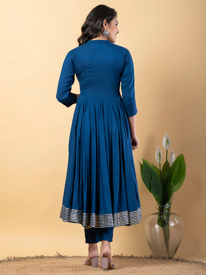 Blue Anarkali Premium Rayon Kurta Pant Set with Cotton Dupatta Designer–3 Piece Ready to Wear Salwar Kameez Suit Set-750139