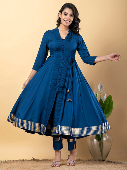 Blue Anarkali Premium Rayon Kurta Pant Set with Cotton Dupatta Designer–3 Piece Ready to Wear Salwar Kameez Suit Set-750139