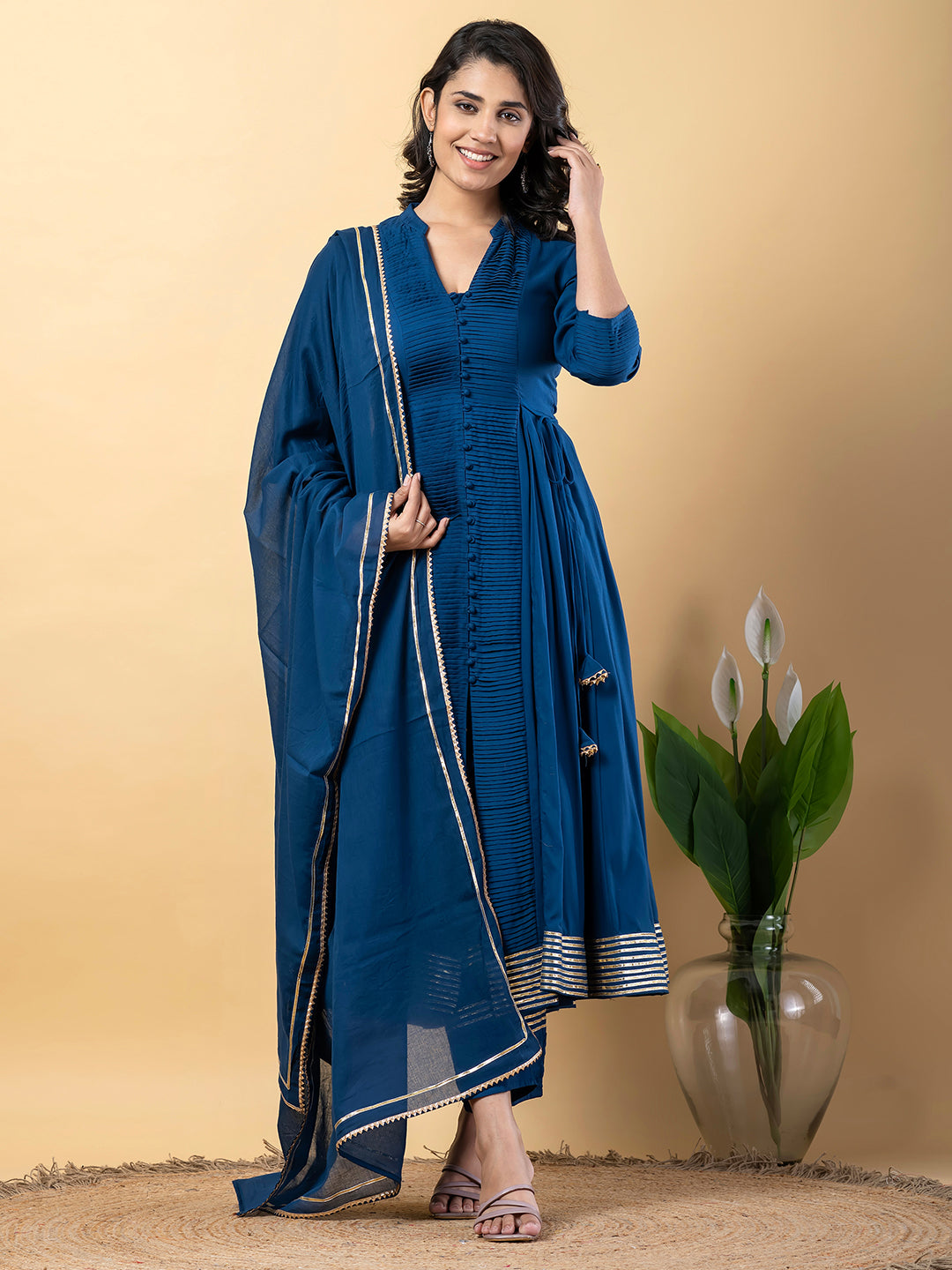 Blue Anarkali Premium Rayon Kurta Pant Set with Cotton Dupatta Designer–3 Piece Ready to Wear Salwar Kameez Suit Set-750139