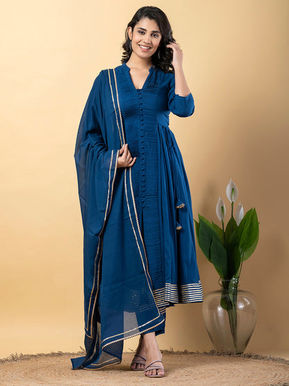 Blue Anarkali Premium Rayon Kurta Pant Set with Cotton Dupatta Designer–3 Piece Ready to Wear Salwar Kameez Suit Set-750139