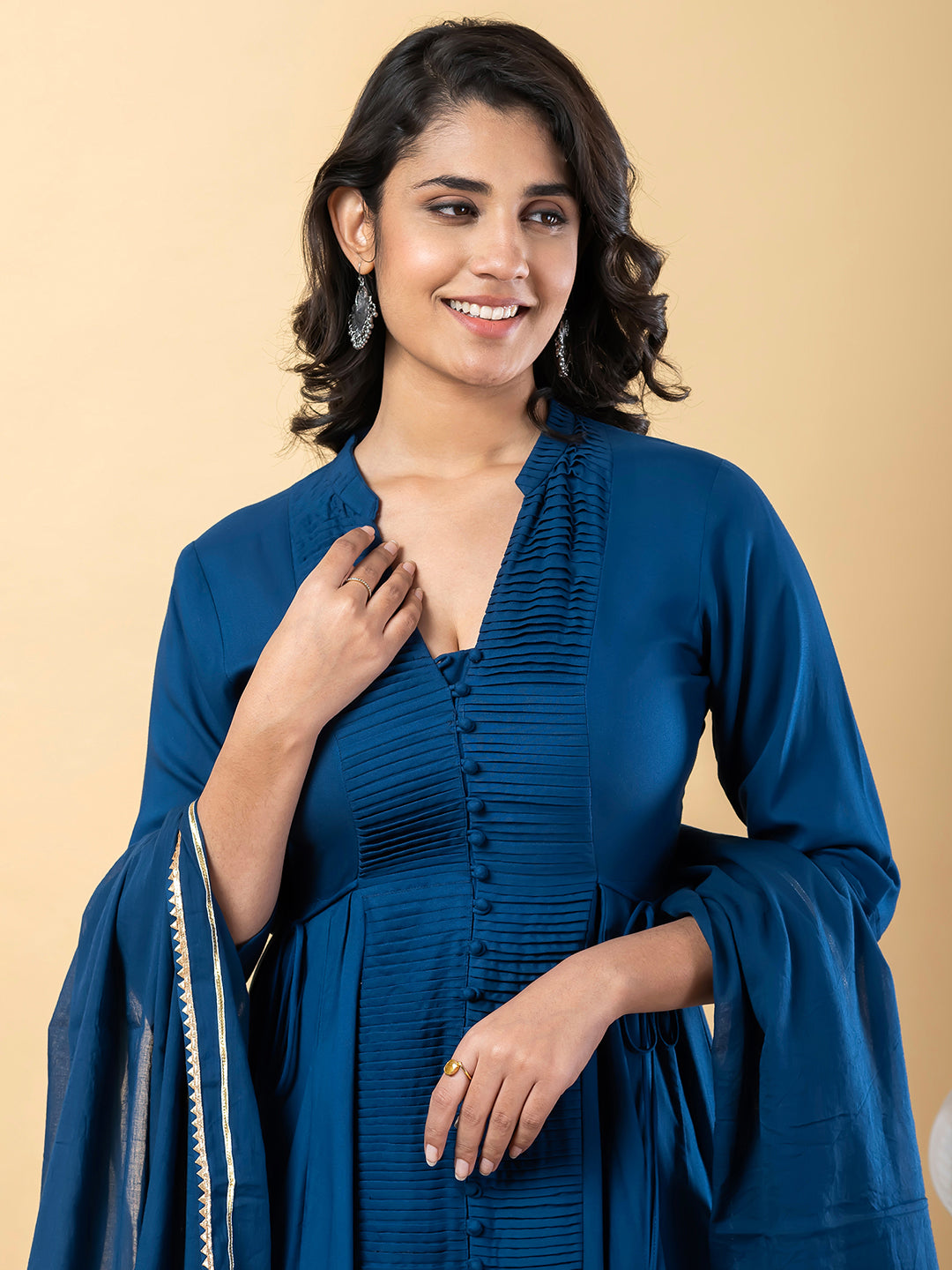 Blue Anarkali Premium Rayon Kurta Pant Set with Cotton Dupatta Designer–3 Piece Ready to Wear Salwar Kameez Suit Set-750139