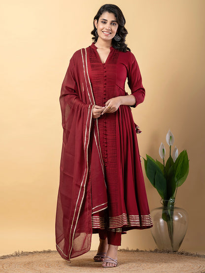 Maroon Anarkali Premium Rayon Kurta Pant Set with Cotton Dupatta Designer–3 Piece Ready to Wear Salwar Kameez Suit Set-750140