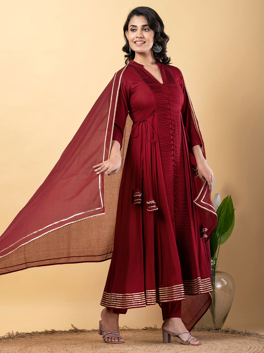 Maroon Anarkali Premium Rayon Kurta Pant Set with Cotton Dupatta Designer–3 Piece Ready to Wear Salwar Kameez Suit Set-750140