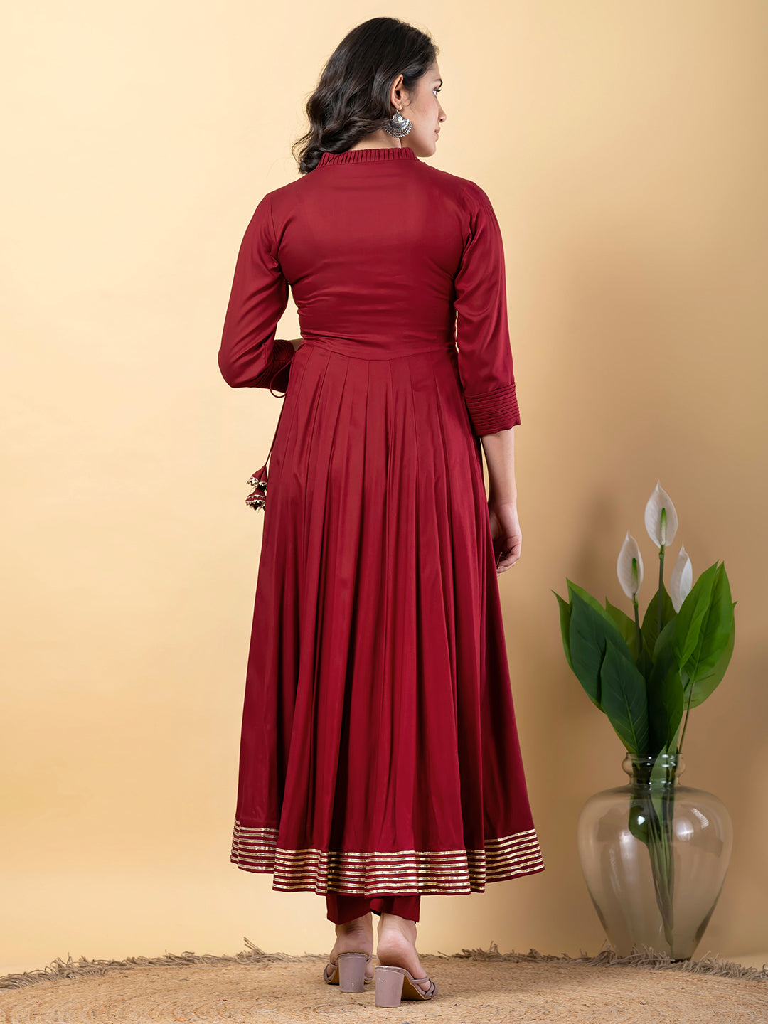 Maroon Anarkali Premium Rayon Kurta Pant Set with Cotton Dupatta Designer–3 Piece Ready to Wear Salwar Kameez Suit Set-750140