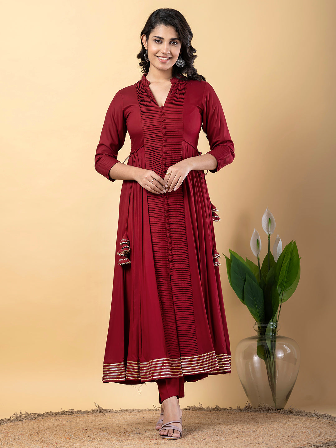 Maroon Anarkali Premium Rayon Kurta Pant Set with Cotton Dupatta Designer–3 Piece Ready to Wear Salwar Kameez Suit Set-750140