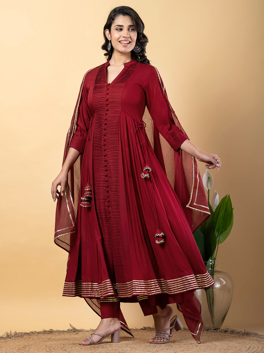 Maroon Anarkali Premium Rayon Kurta Pant Set with Cotton Dupatta Designer–3 Piece Ready to Wear Salwar Kameez Suit Set-750140