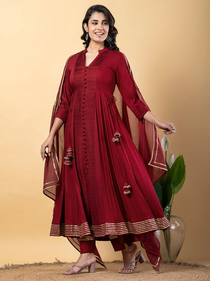 Maroon Anarkali Premium Rayon Kurta Pant Set with Cotton Dupatta Designer–3 Piece Ready to Wear Salwar Kameez Suit Set-750140
