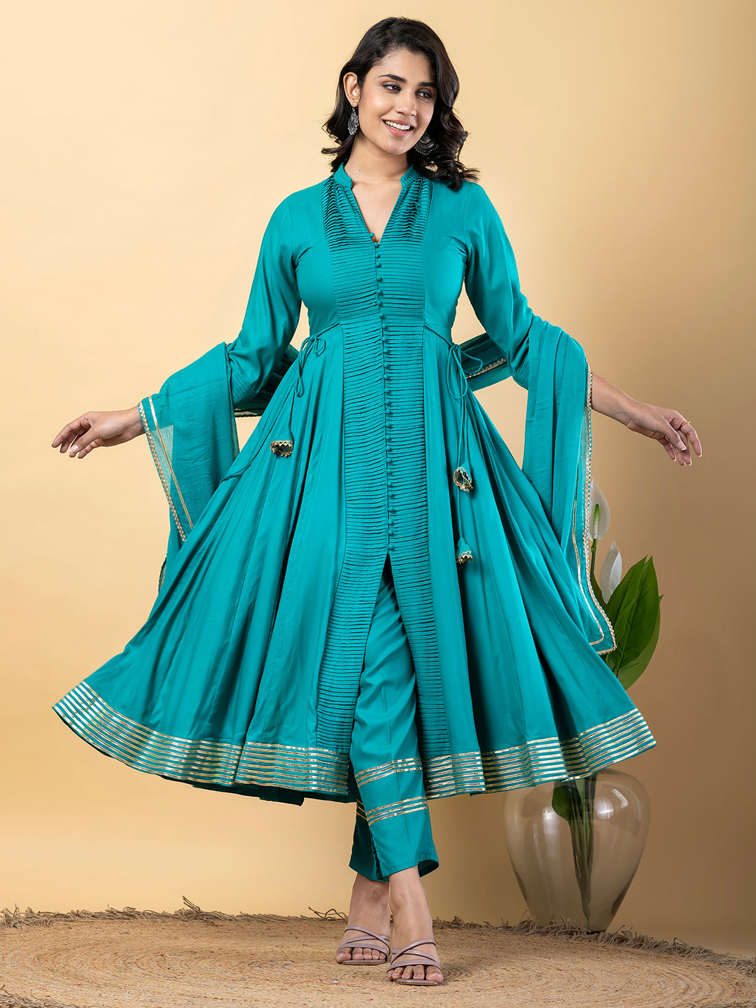 Turquoise Anarkali Premium Rayon Kurta Pant Set with Cotton Dupatta Designer–3 Piece Ready to Wear Salwar Kameez Suit Set-750141