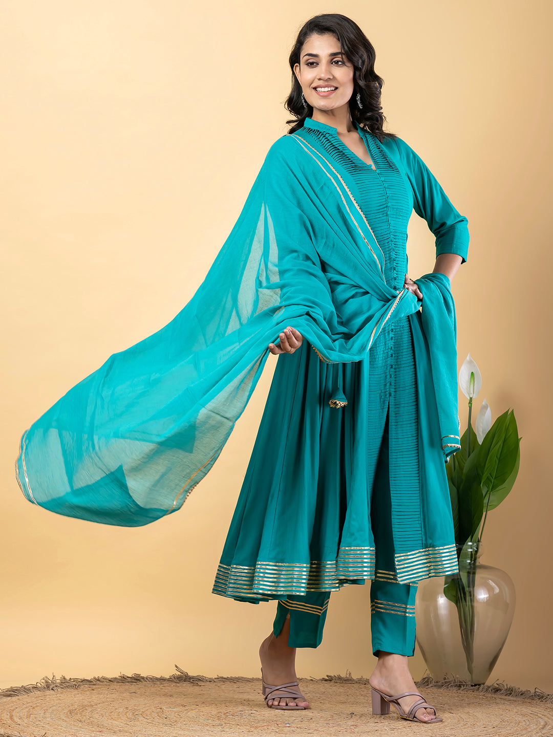 Turquoise Anarkali Premium Rayon Kurta Pant Set with Cotton Dupatta Designer–3 Piece Ready to Wear Salwar Kameez Suit Set-750141