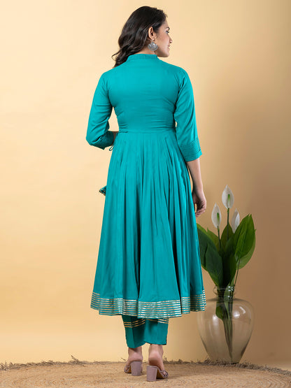 Turquoise Anarkali Premium Rayon Kurta Pant Set with Cotton Dupatta Designer–3 Piece Ready to Wear Salwar Kameez Suit Set-750141