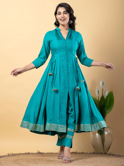 Turquoise Anarkali Premium Rayon Kurta Pant Set with Cotton Dupatta Designer–3 Piece Ready to Wear Salwar Kameez Suit Set-750141
