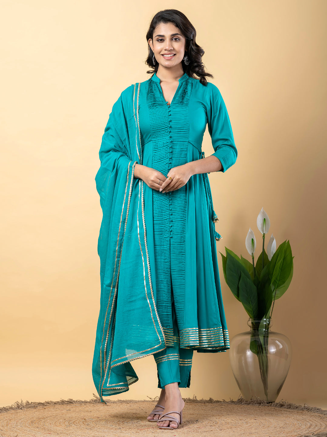 Turquoise Anarkali Premium Rayon Kurta Pant Set with Cotton Dupatta Designer–3 Piece Ready to Wear Salwar Kameez Suit Set-750141