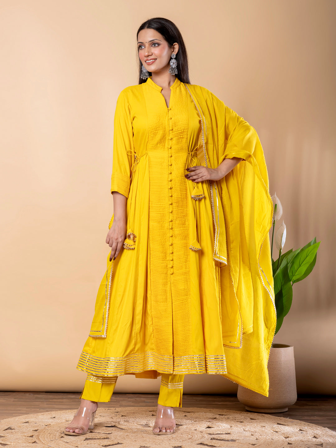 Yellow Anarkali Premium Rayon Kurta Pant Set with Cotton Dupatta Designer–3 Piece Ready to Wear Salwar Kameez Suit Set-750142