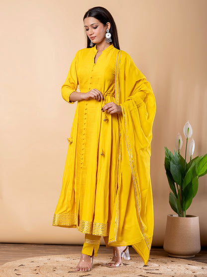 Yellow Anarkali Premium Rayon Kurta Pant Set with Cotton Dupatta Designer–3 Piece Ready to Wear Salwar Kameez Suit Set-750142