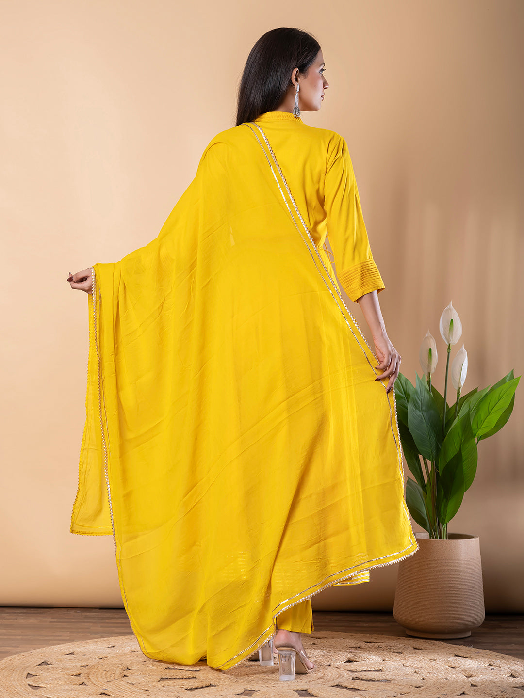 Yellow Anarkali Premium Rayon Kurta Pant Set with Cotton Dupatta Designer–3 Piece Ready to Wear Salwar Kameez Suit Set-750142
