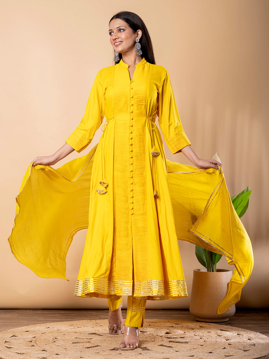 Yellow Anarkali Premium Rayon Kurta Pant Set with Cotton Dupatta Designer–3 Piece Ready to Wear Salwar Kameez Suit Set-750142