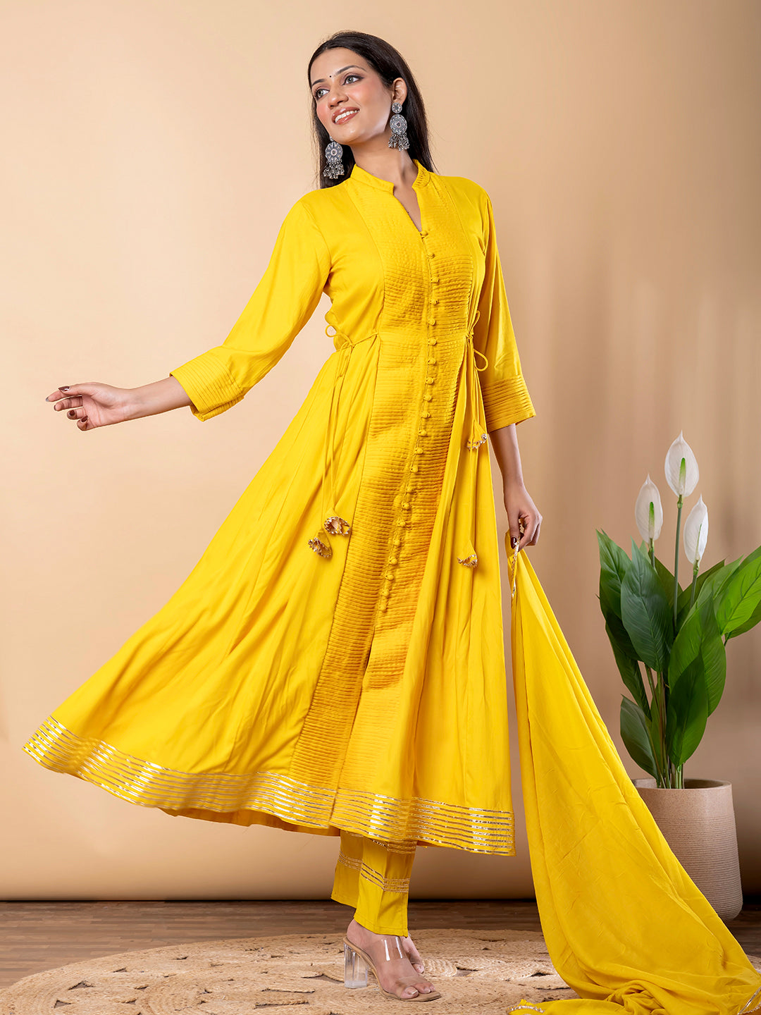 Yellow Anarkali Premium Rayon Kurta Pant Set with Cotton Dupatta Designer–3 Piece Ready to Wear Salwar Kameez Suit Set-750142