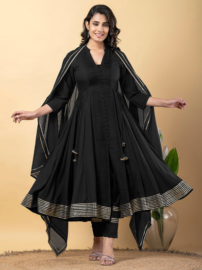 Black Anarkali Premium Rayon Kurta Pant Set with Cotton Dupatta Designer–3 Piece Ready to Wear Salwar Kameez Suit Set-750143