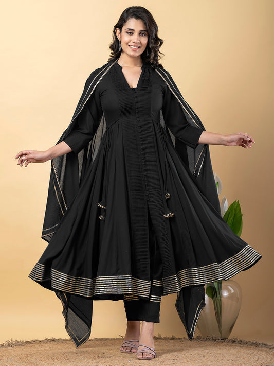 Black Anarkali Premium Rayon Kurta Pant Set with Cotton Dupatta Designer–3 Piece Ready to Wear Salwar Kameez Suit Set-750143