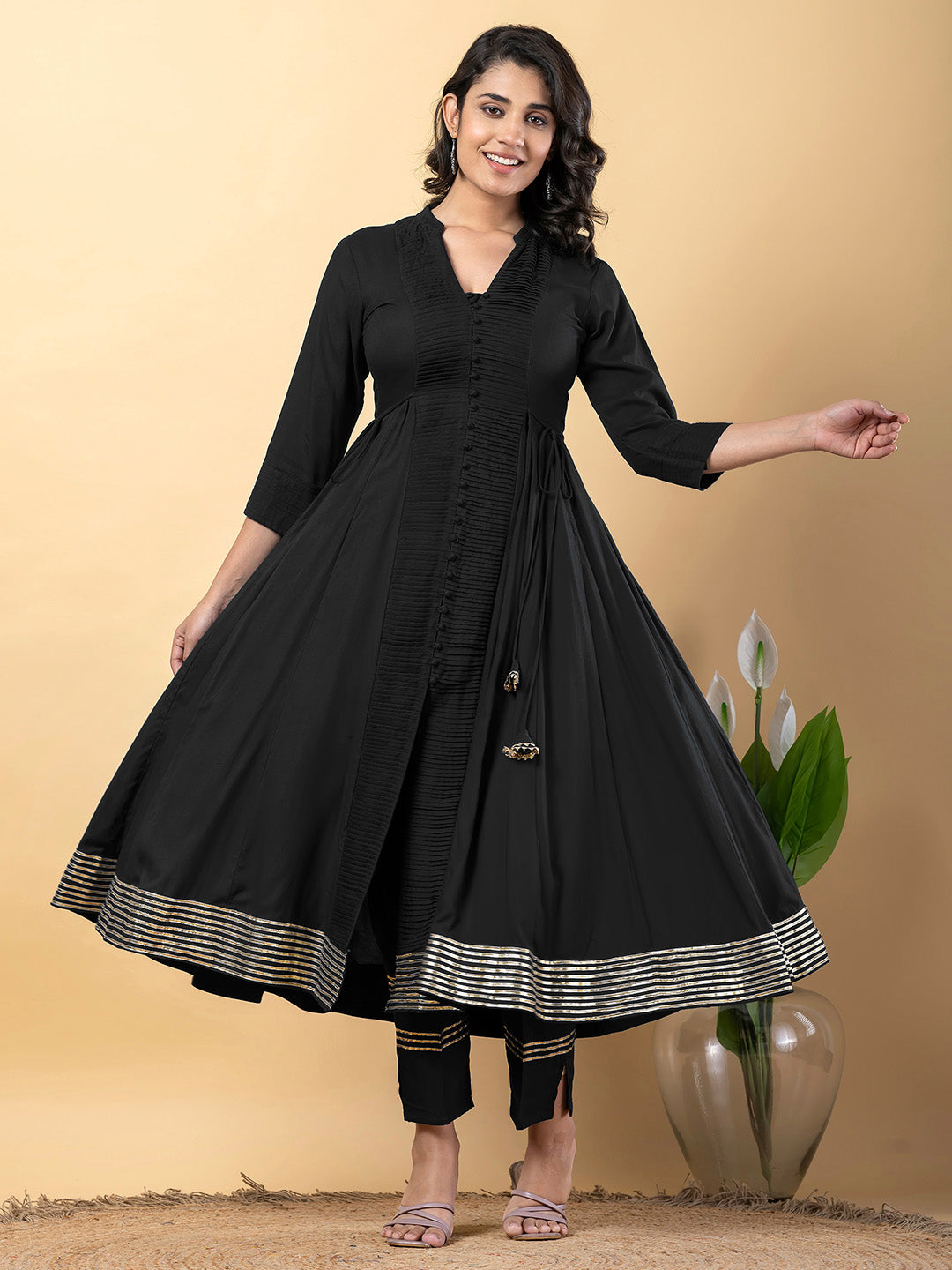 Black Anarkali Premium Rayon Kurta Pant Set with Cotton Dupatta Designer–3 Piece Ready to Wear Salwar Kameez Suit Set-750143