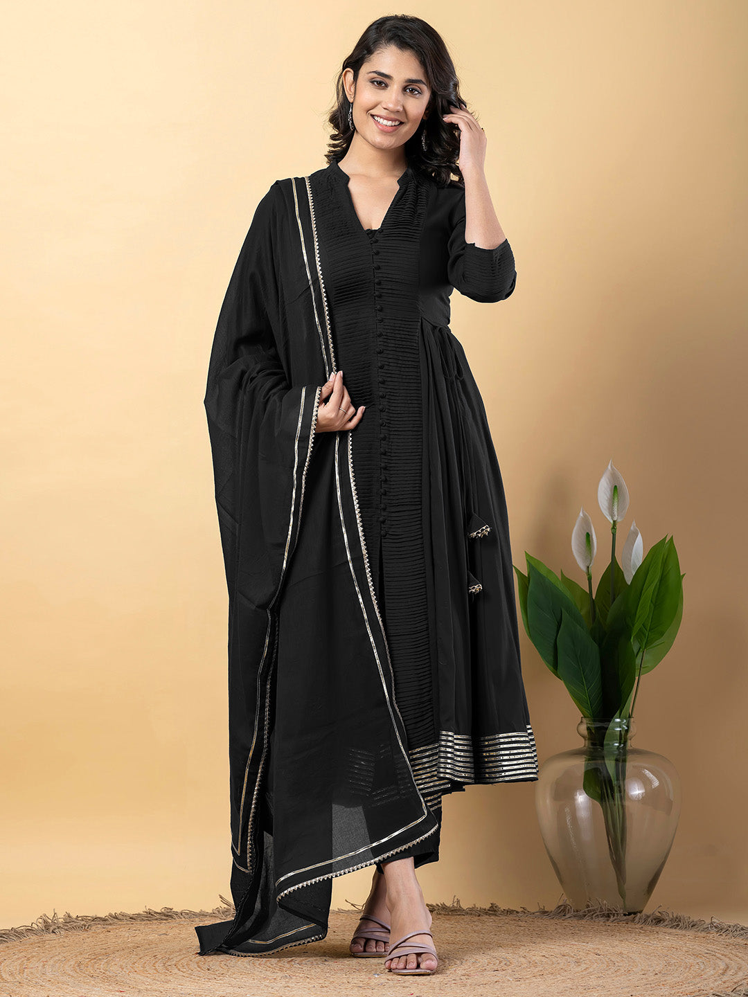 Black Anarkali Premium Rayon Kurta Pant Set with Cotton Dupatta Designer–3 Piece Ready to Wear Salwar Kameez Suit Set-750143