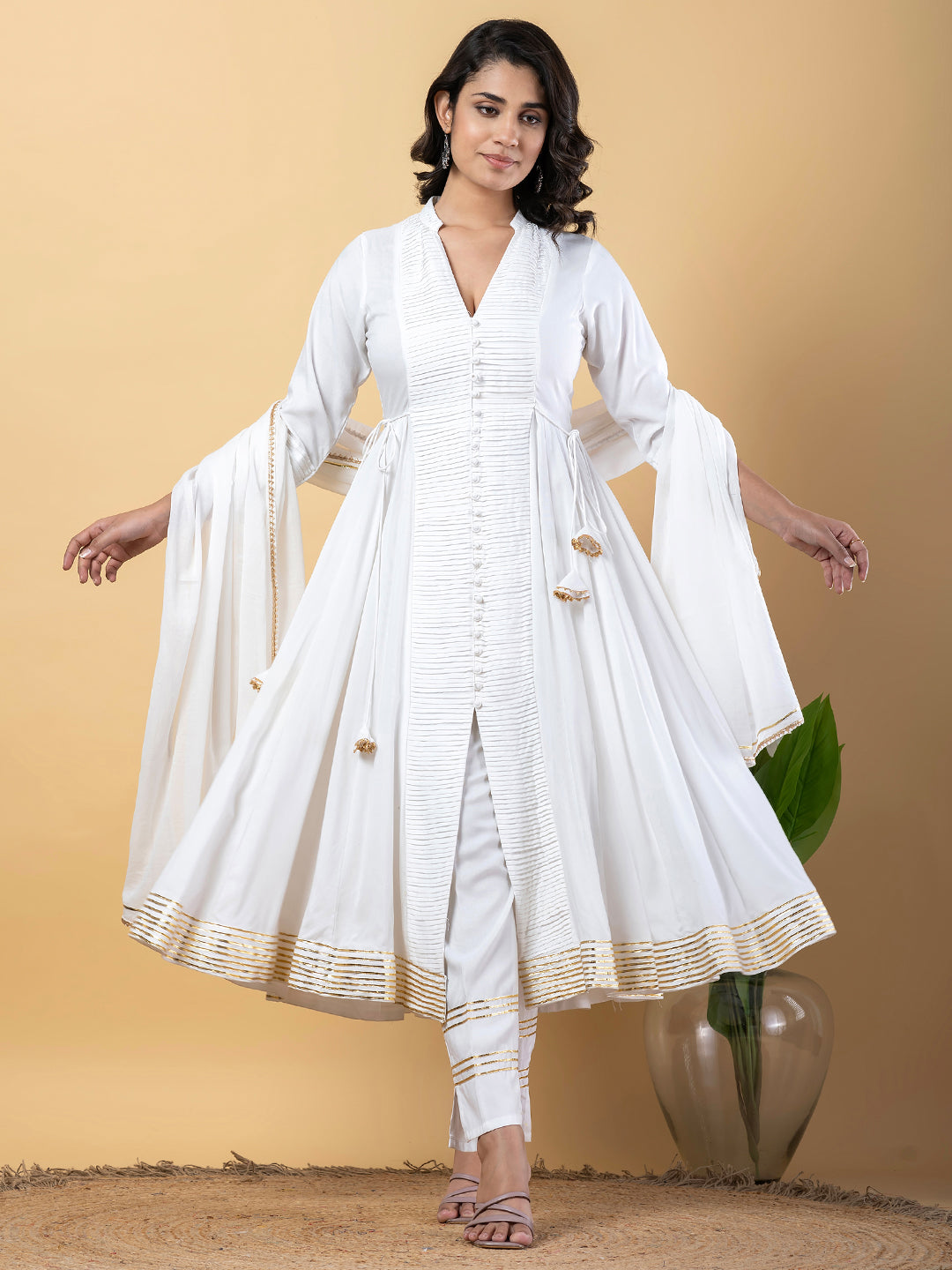 White Anarkali Premium Rayon Kurta Pant Set with Cotton Dupatta Designer–3 Piece Ready to Wear Salwar Kameez Suit Set-750144