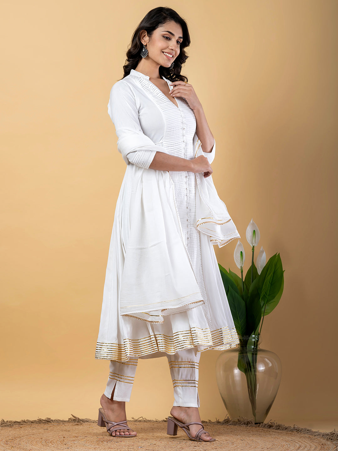 White Anarkali Premium Rayon Kurta Pant Set with Cotton Dupatta Designer–3 Piece Ready to Wear Salwar Kameez Suit Set-750144