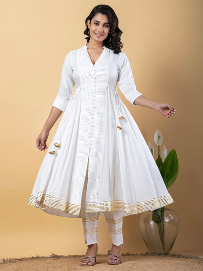 White Anarkali Premium Rayon Kurta Pant Set with Cotton Dupatta Designer–3 Piece Ready to Wear Salwar Kameez Suit Set-750144