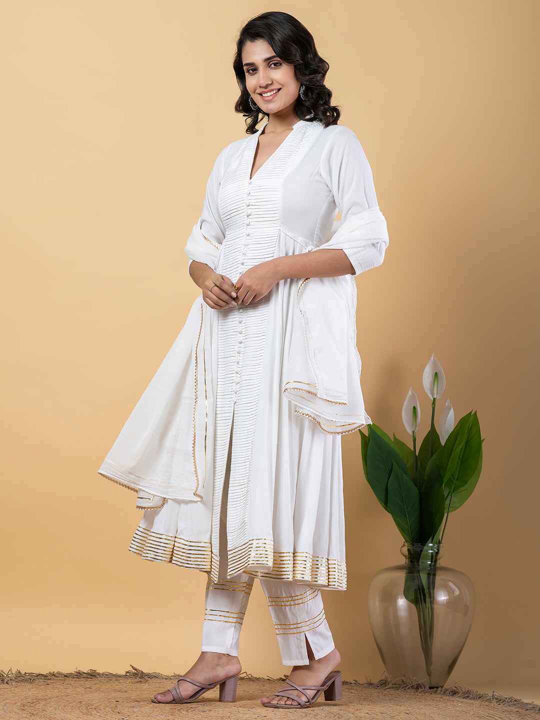 White Anarkali Premium Rayon Kurta Pant Set with Cotton Dupatta Designer–3 Piece Ready to Wear Salwar Kameez Suit Set-750144