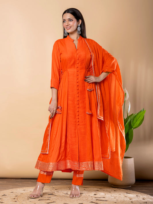 Orange Anarkali Premium Rayon Kurta Pant Set with Cotton Dupatta Designer–3 Piece Ready to Wear Salwar Kameez Suit Set-750145