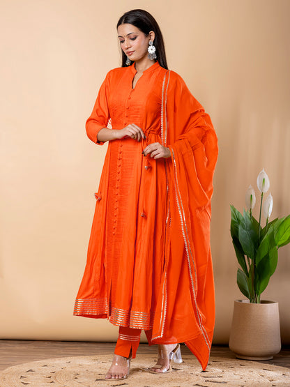 Orange Anarkali Premium Rayon Kurta Pant Set with Cotton Dupatta Designer–3 Piece Ready to Wear Salwar Kameez Suit Set-750145
