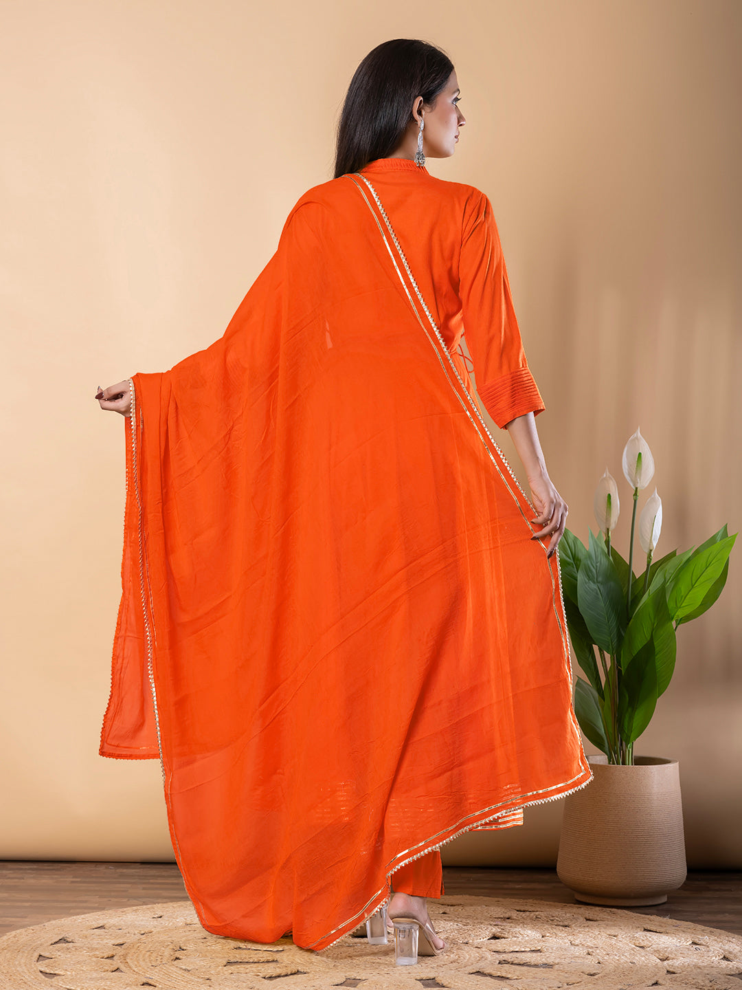 Orange Anarkali Premium Rayon Kurta Pant Set with Cotton Dupatta Designer–3 Piece Ready to Wear Salwar Kameez Suit Set-750145