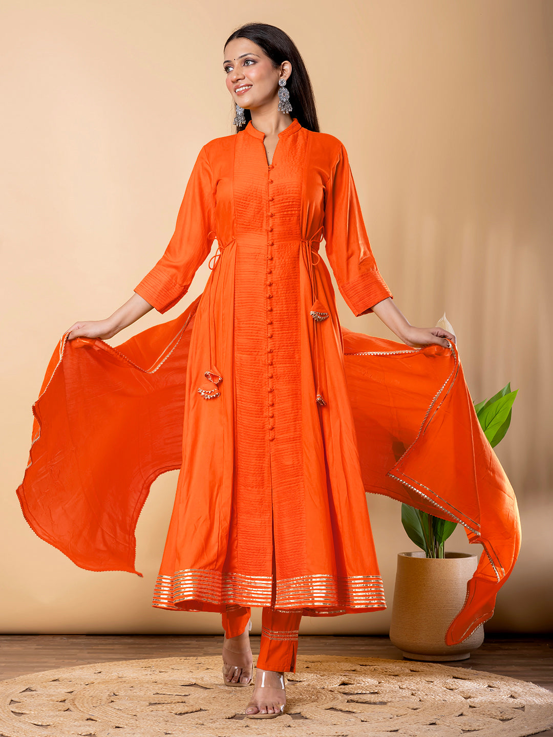 Orange Anarkali Premium Rayon Kurta Pant Set with Cotton Dupatta Designer–3 Piece Ready to Wear Salwar Kameez Suit Set-750145