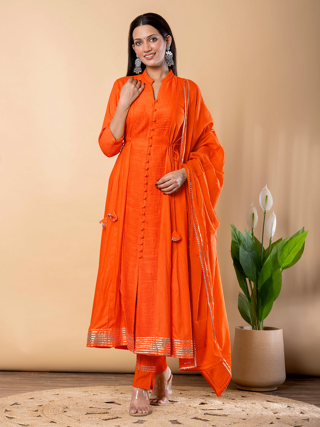 Orange Anarkali Premium Rayon Kurta Pant Set with Cotton Dupatta Designer–3 Piece Ready to Wear Salwar Kameez Suit Set-750145
