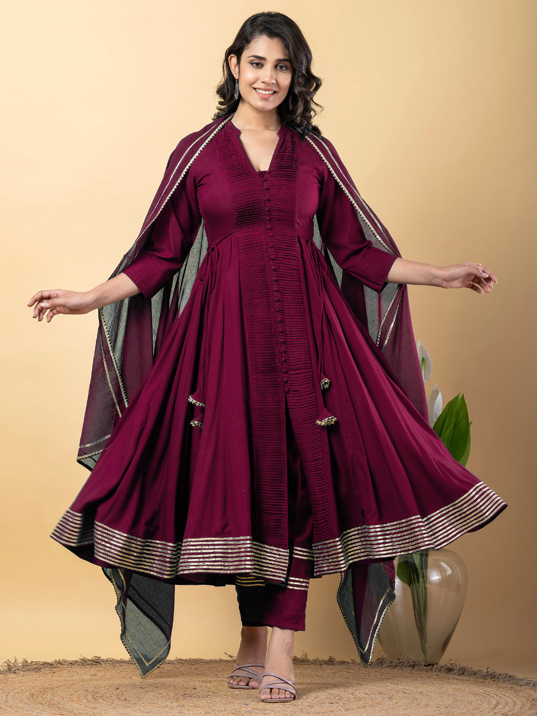 Purple Anarkali Premium Rayon Kurta Pant Set with Cotton Dupatta Designer–3 Piece Ready to Wear Salwar Kameez Suit Set-750146