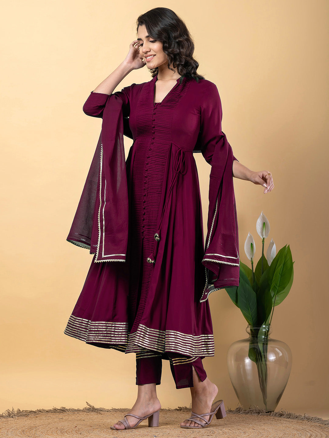 Purple Anarkali Premium Rayon Kurta Pant Set with Cotton Dupatta Designer–3 Piece Ready to Wear Salwar Kameez Suit Set-750146