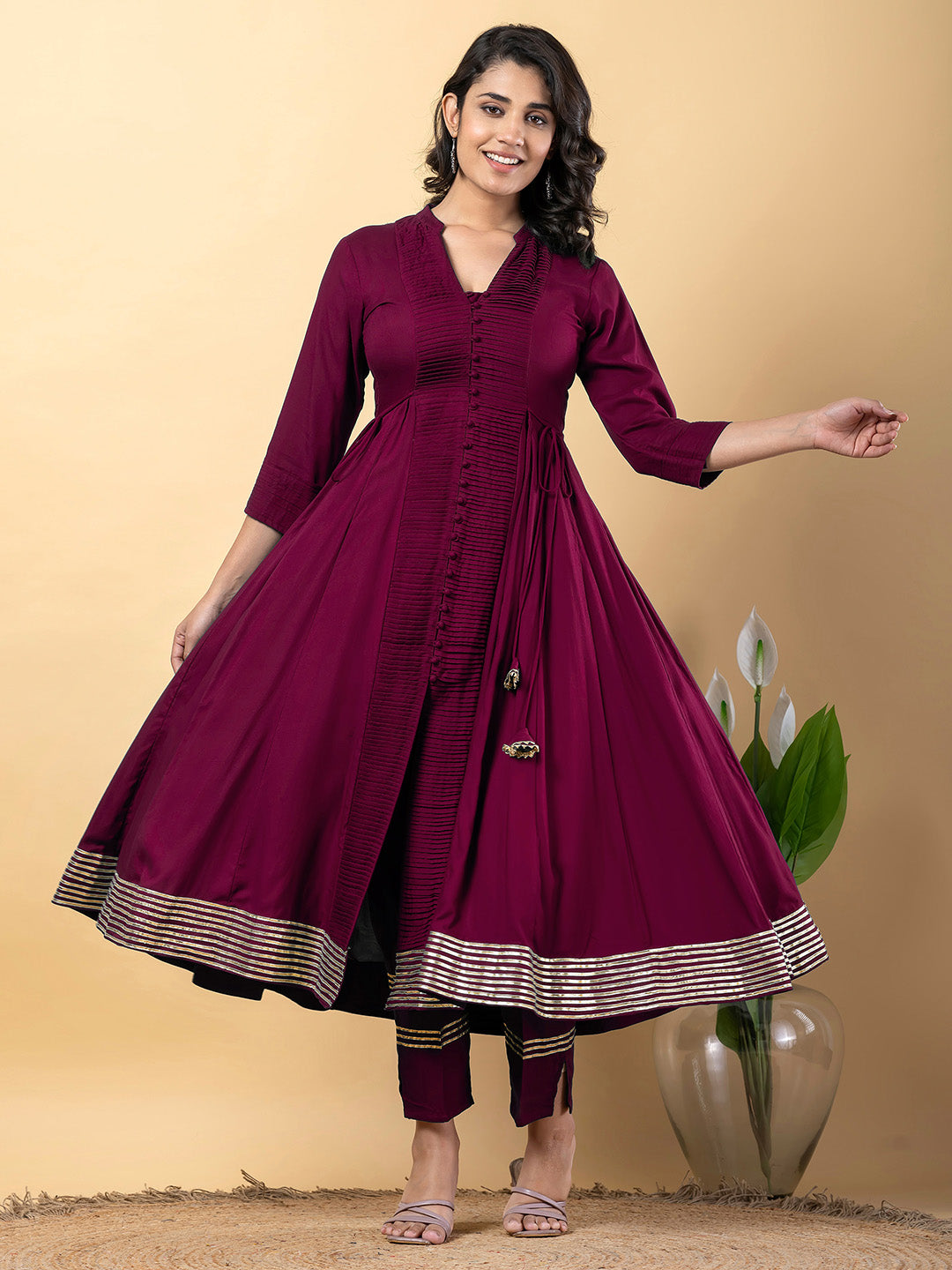 Purple Anarkali Premium Rayon Kurta Pant Set with Cotton Dupatta Designer–3 Piece Ready to Wear Salwar Kameez Suit Set-750146