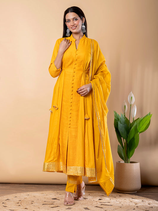Yellow Anarkali Premium Rayon Kurta Pant Set with Cotton Dupatta Designer–3 Piece Ready to Wear Salwar Kameez Suit Set-750147