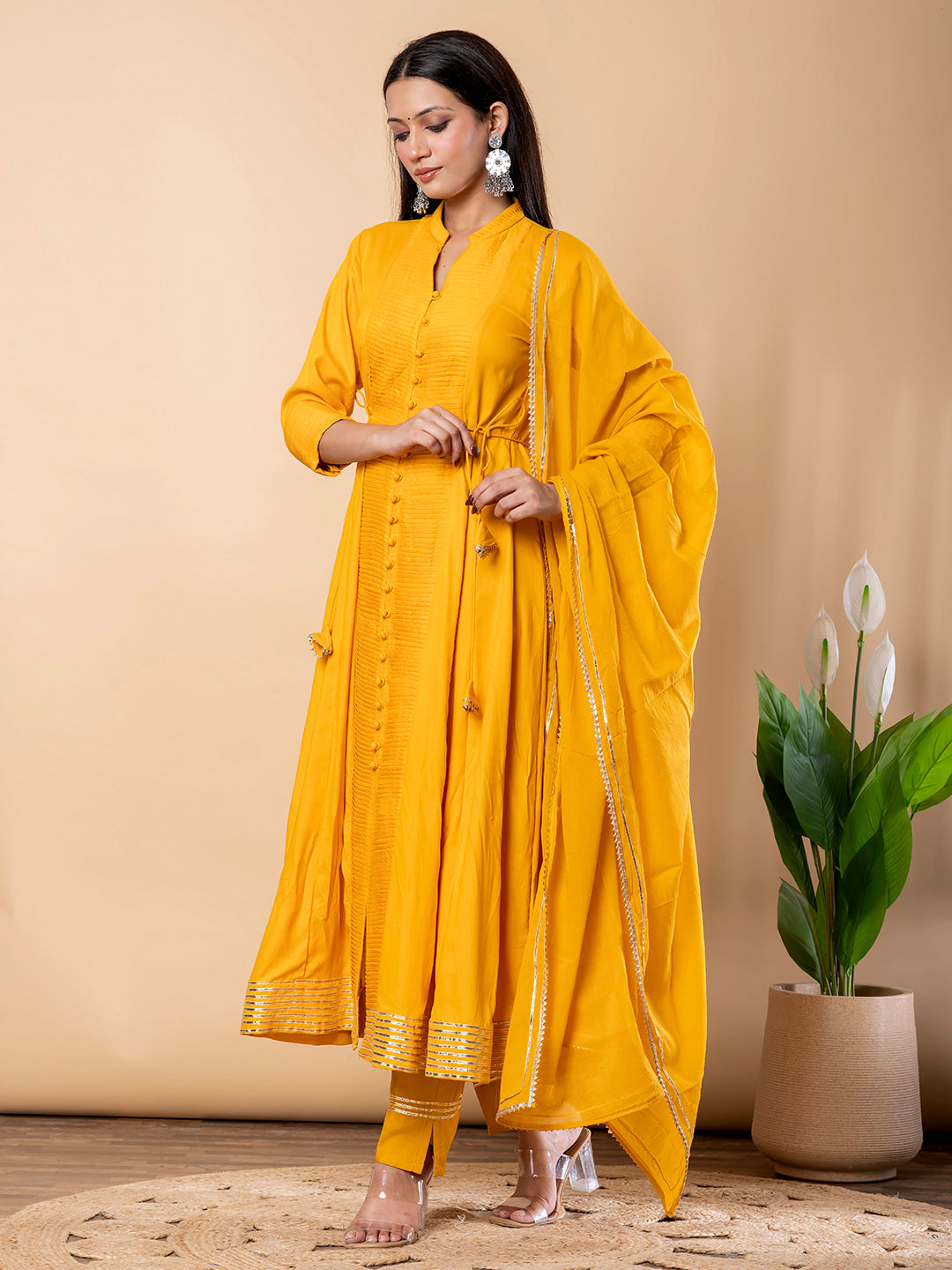 Yellow Anarkali Premium Rayon Kurta Pant Set with Cotton Dupatta Designer–3 Piece Ready to Wear Salwar Kameez Suit Set-750147