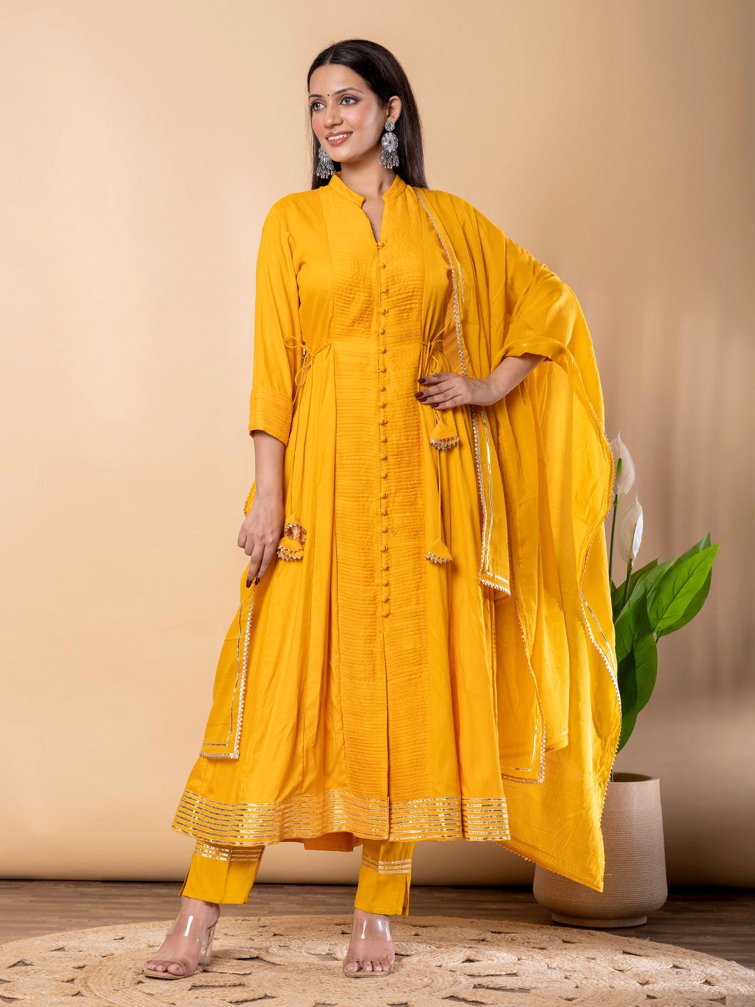 Yellow Anarkali Premium Rayon Kurta Pant Set with Cotton Dupatta Designer–3 Piece Ready to Wear Salwar Kameez Suit Set-750147