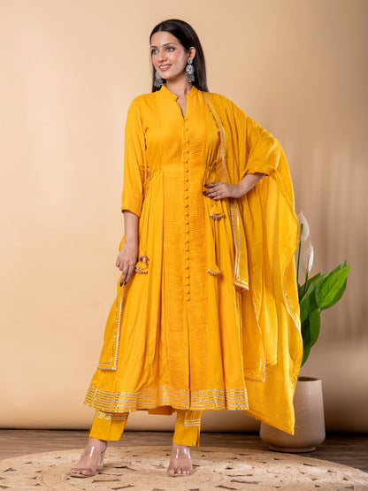 Yellow Anarkali Premium Rayon Kurta Pant Set with Cotton Dupatta Designer–3 Piece Ready to Wear Salwar Kameez Suit Set-750147
