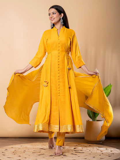 Yellow Anarkali Premium Rayon Kurta Pant Set with Cotton Dupatta Designer–3 Piece Ready to Wear Salwar Kameez Suit Set-750147
