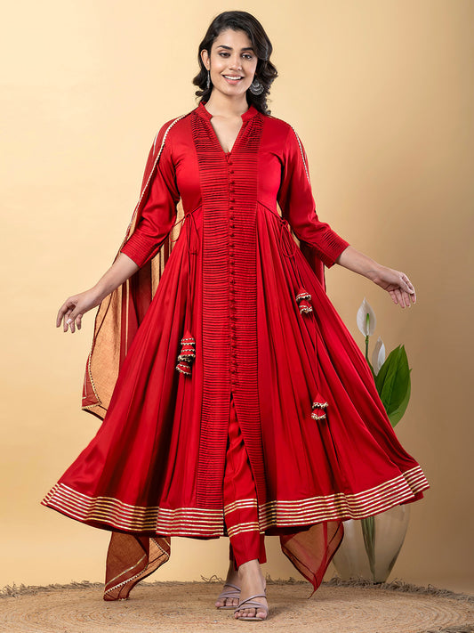 Red Anarkali Premium Rayon Kurta Pant Set with Cotton Dupatta Designer–3 Piece Ready to Wear Salwar Kameez Suit Set-750148