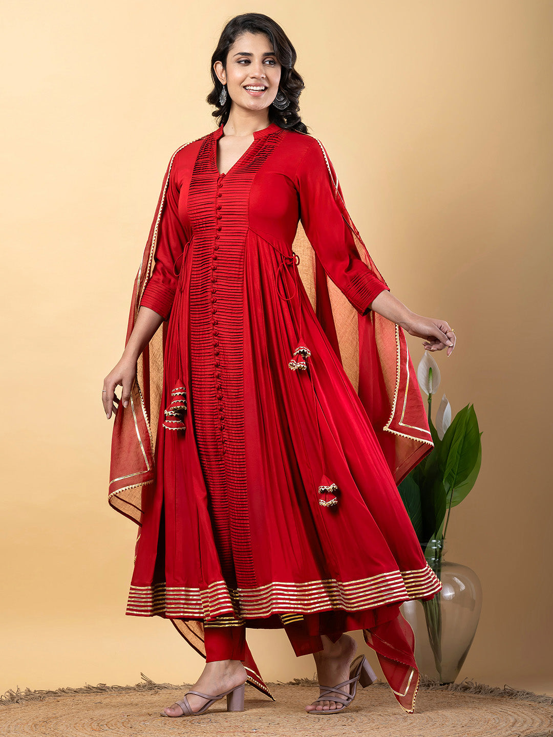 Red Anarkali Premium Rayon Kurta Pant Set with Cotton Dupatta Designer–3 Piece Ready to Wear Salwar Kameez Suit Set-750148