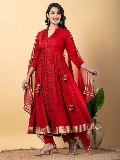 Red Anarkali Premium Rayon Kurta Pant Set with Cotton Dupatta Designer–3 Piece Ready to Wear Salwar Kameez Suit Set-750148