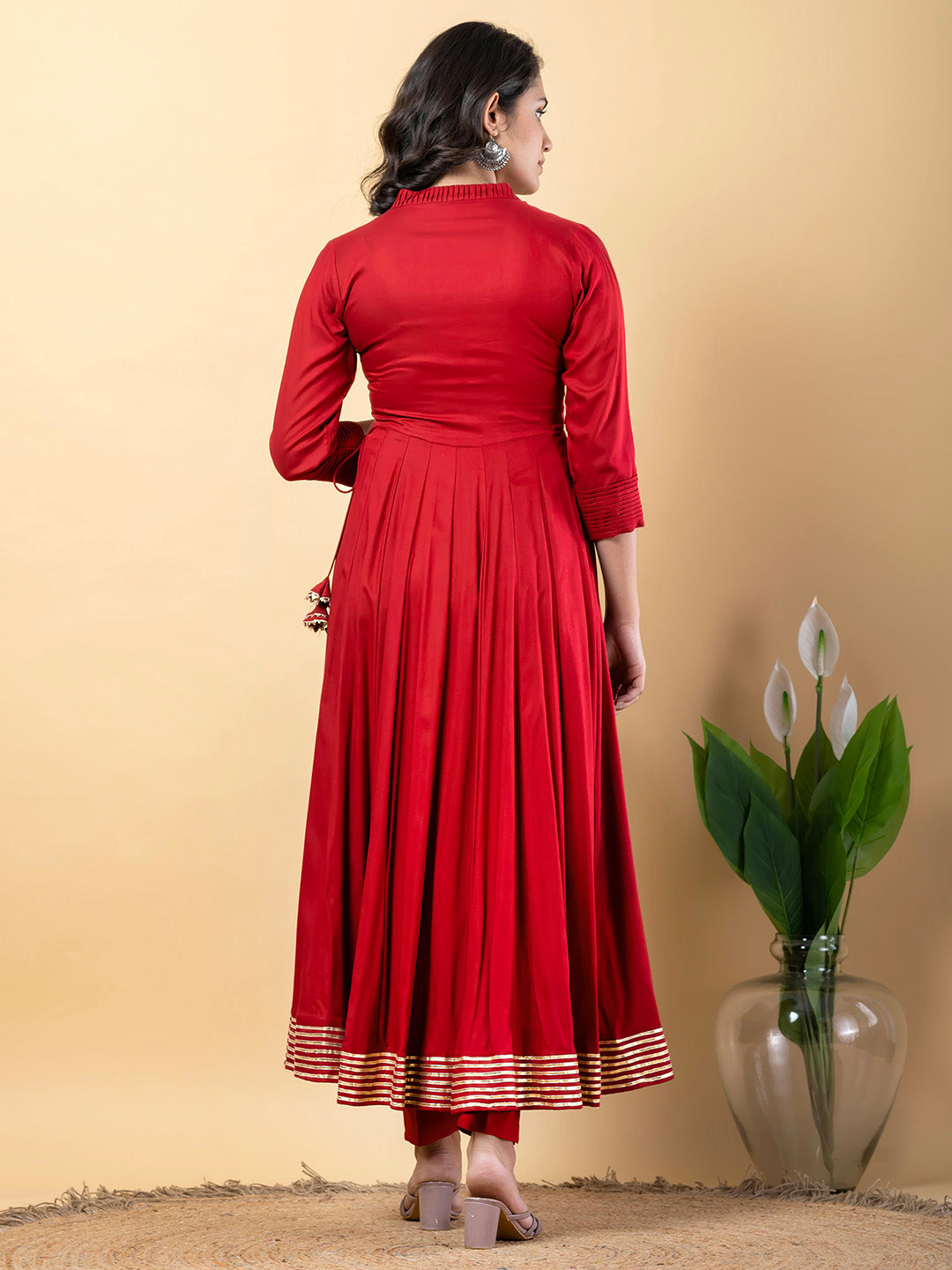 Red Anarkali Premium Rayon Kurta Pant Set with Cotton Dupatta Designer–3 Piece Ready to Wear Salwar Kameez Suit Set-750148
