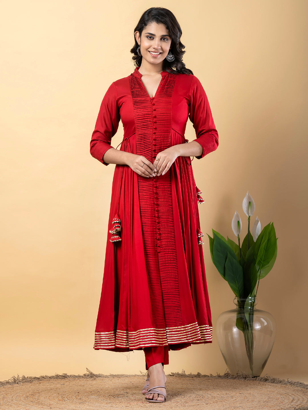 Red Anarkali Premium Rayon Kurta Pant Set with Cotton Dupatta Designer–3 Piece Ready to Wear Salwar Kameez Suit Set-750148