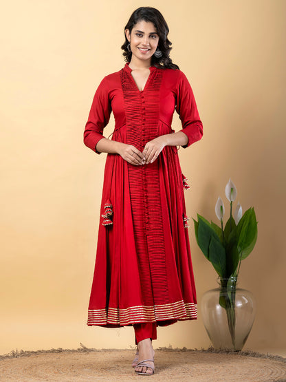 Red Anarkali Premium Rayon Kurta Pant Set with Cotton Dupatta Designer–3 Piece Ready to Wear Salwar Kameez Suit Set-750148