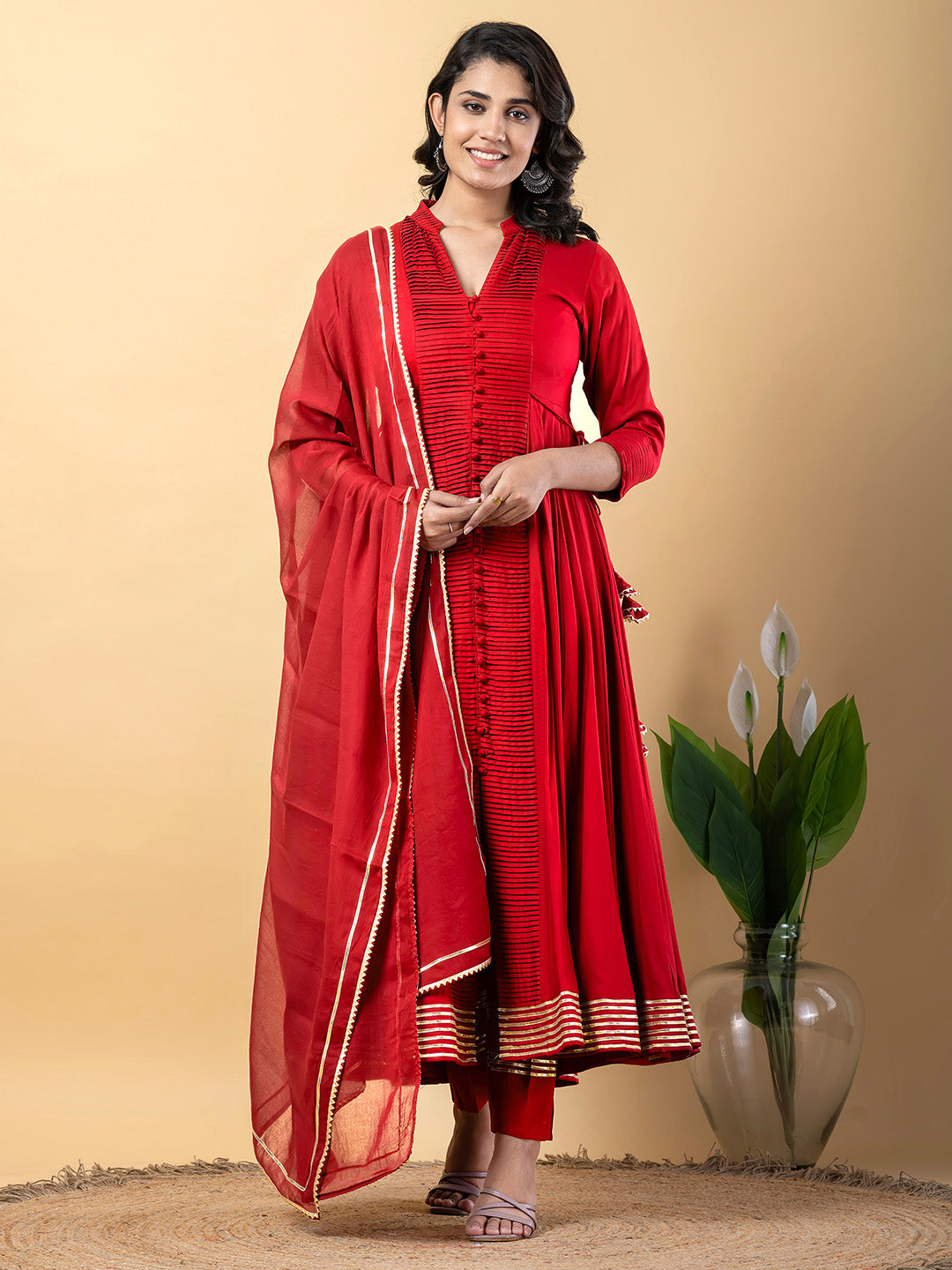 Red Anarkali Premium Rayon Kurta Pant Set with Cotton Dupatta Designer–3 Piece Ready to Wear Salwar Kameez Suit Set-750148